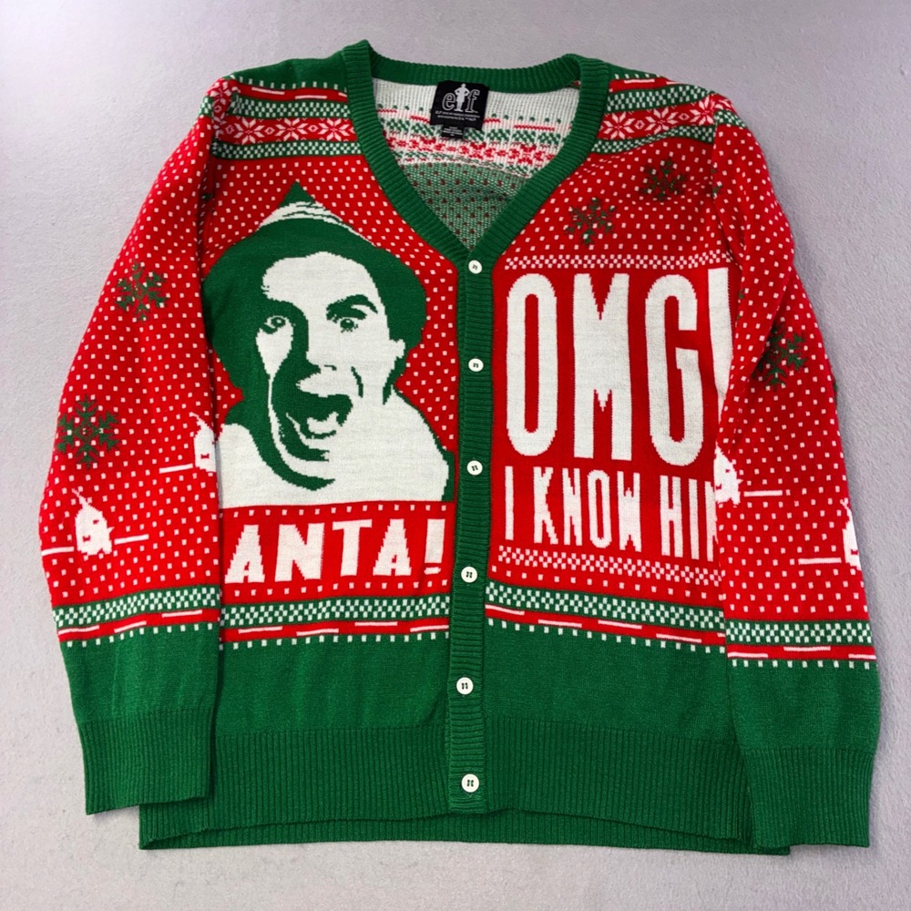 Elf Cardigan Sweater Mens Medium Red Green Buddy The Elf OMG I Know Him Movie